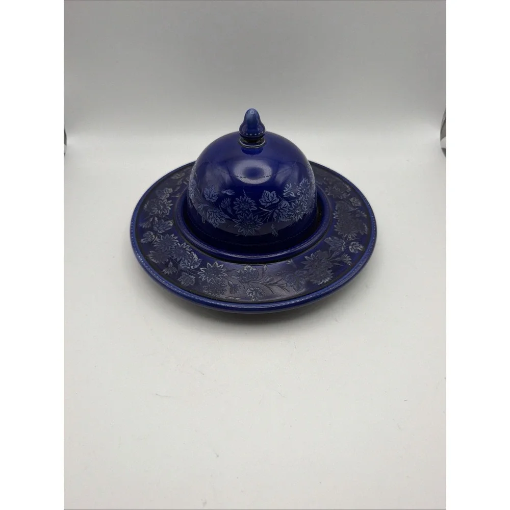 Antique Wedgwood Cobalt Blue Covered Cheese Dish Floral Jasperware England
